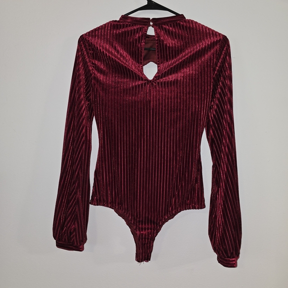 Lulus Always Alluring Burgundy Striped Velvet Cutout Bustier Bodysuit - Picture 8 of 9